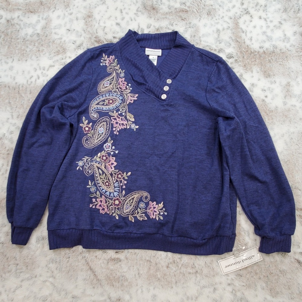 Alfred Dunner French‎ Quarter Petite Blue Paisley Floral Embroidered Sweater M